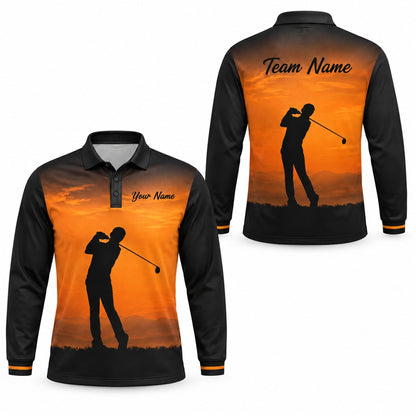 Golfer Silhouette Sunset Sport Personalized Golf Polo Shirt Long Sleeve Polo