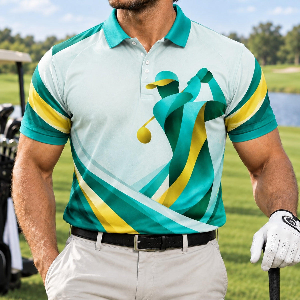 Golfer Swing Abstract Graphic Custom Golf Polo Shirt Front View