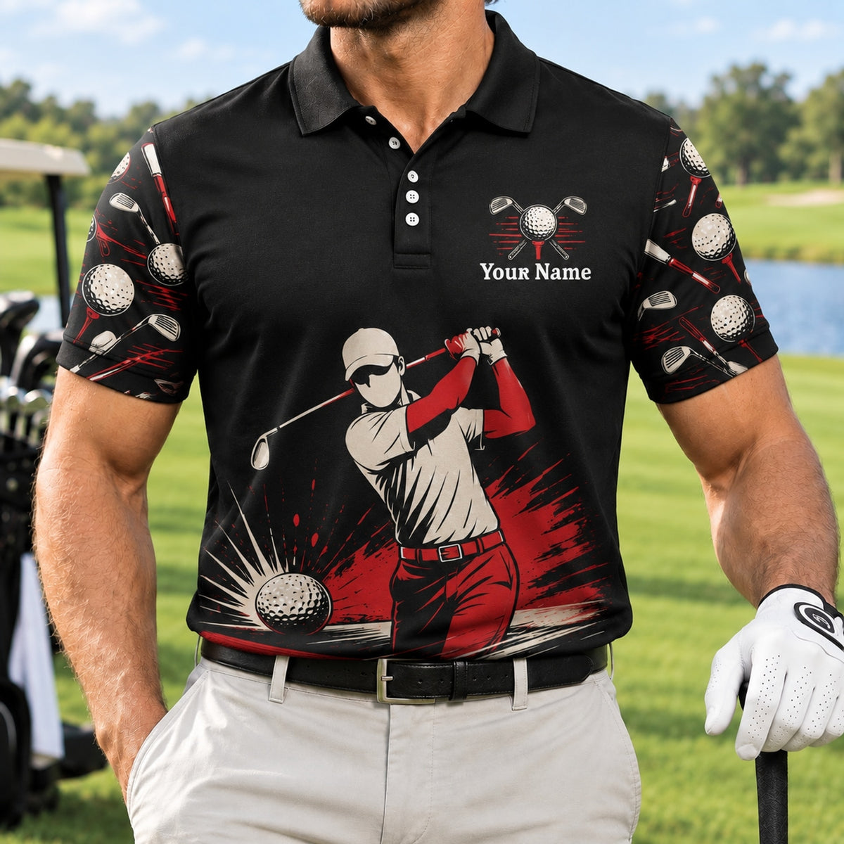 Golfer Swing Graphic Personalized Golf Polo Shirt Front View