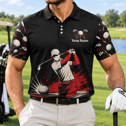 Golfer Swing Graphic Personalized Golf Polo Shirt Front View