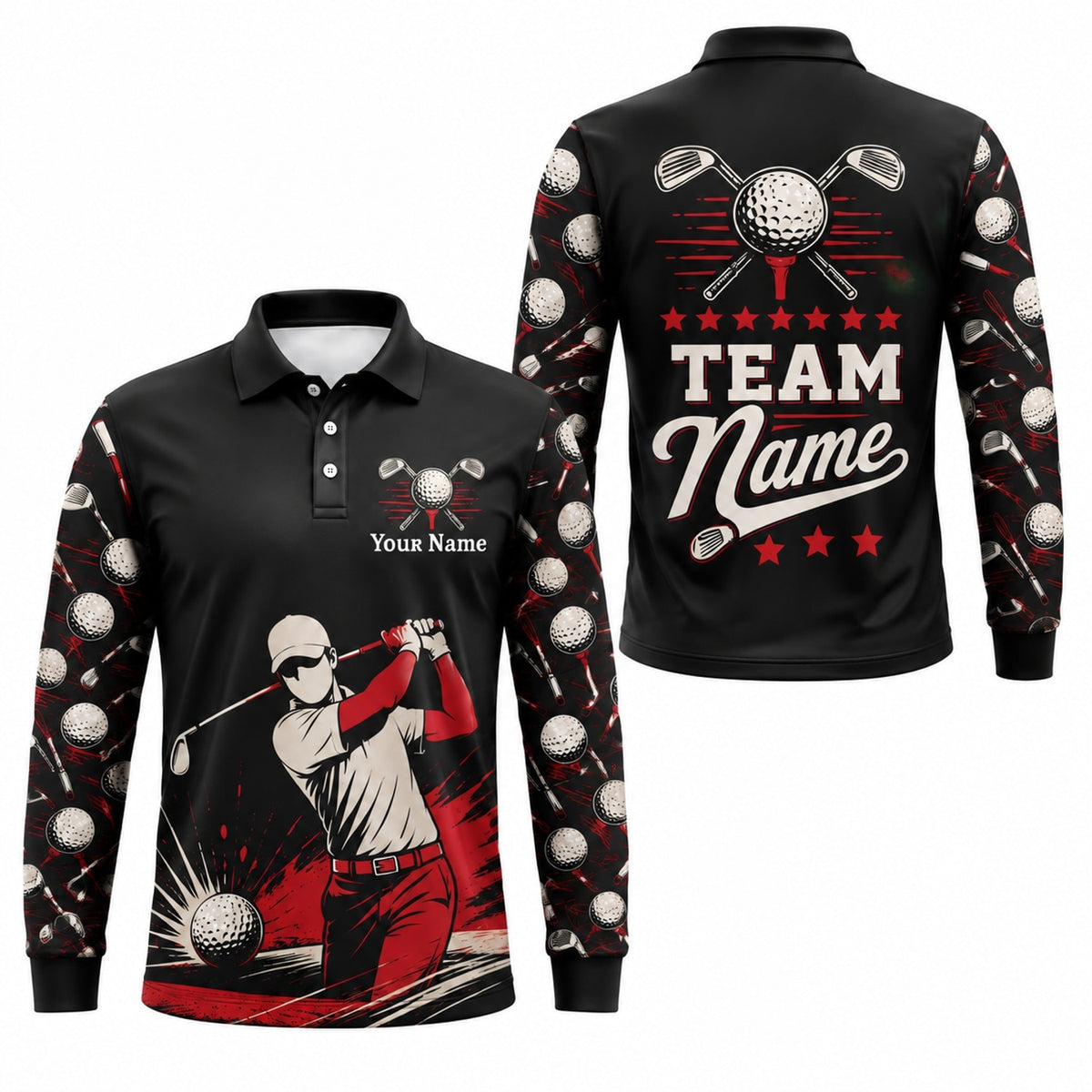 Golfer Swing Graphic Personalized Golf Polo Shirt Long Sleeve Polo