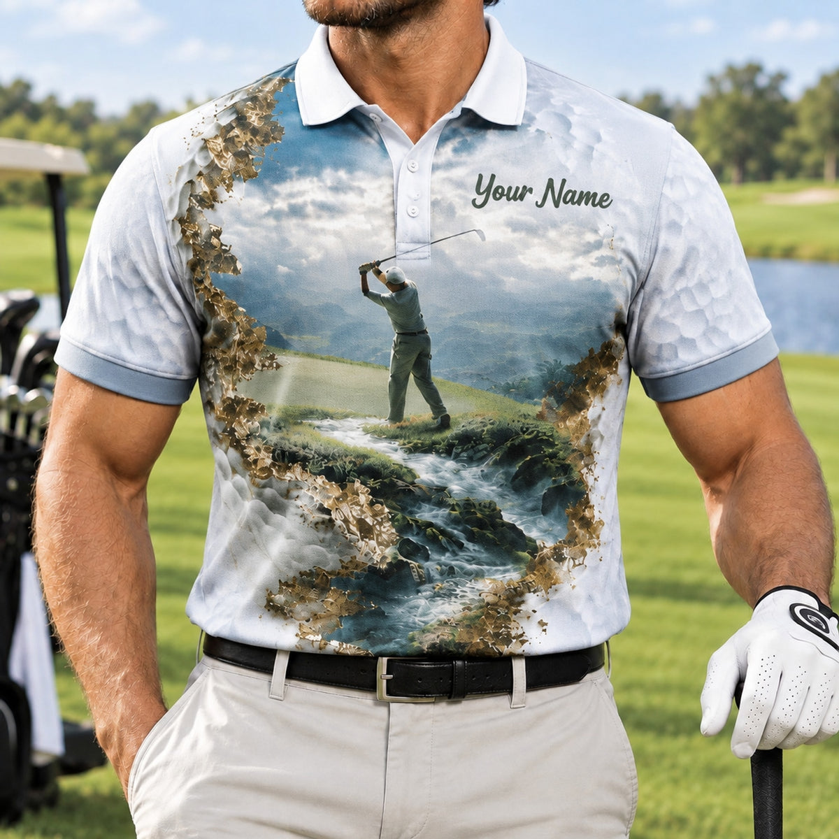 Golfer Swing Landscape Graphic Personalized Golf Polo Shirt Front View