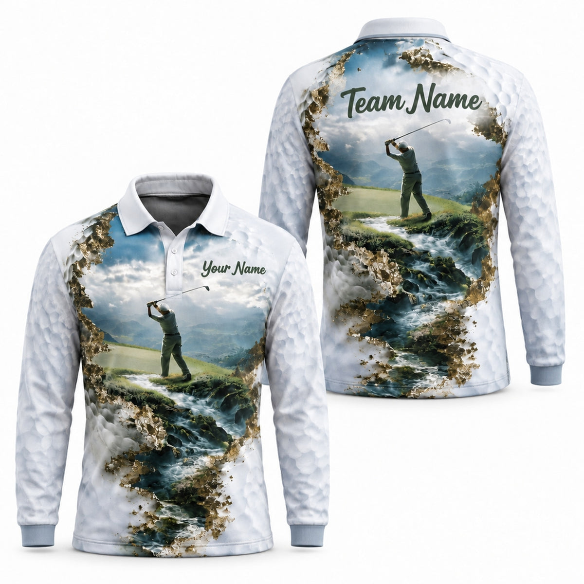 Golfer Swing Landscape Graphic Personalized Golf Polo Shirt Long Sleeve Polo