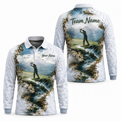 Golfer Swing Landscape Graphic Personalized Golf Polo Shirt Long Sleeve Polo