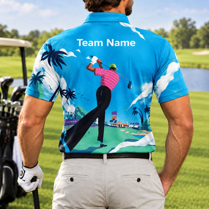 Golfer Swing Scenic Course Graphic Personalized Golf Polo Shirt Back View