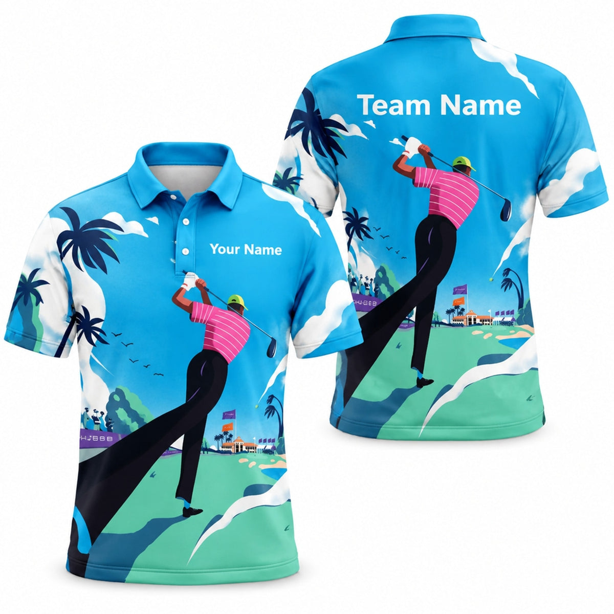 Golfer Swing Scenic Course Graphic Personalized Golf Polo Shirt