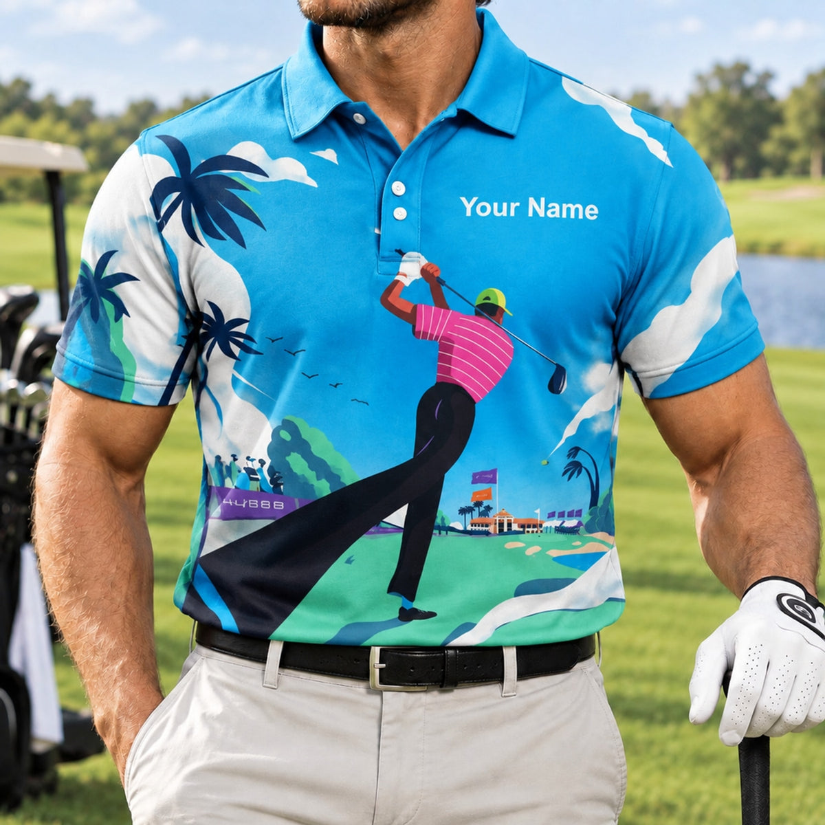 Golfer Swing Scenic Course Graphic Personalized Golf Polo Shirt Front View