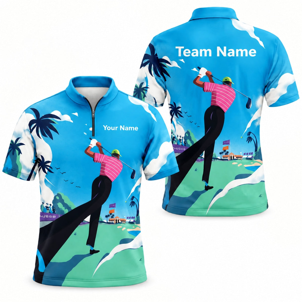 Golfer Swing Scenic Course Graphic Personalized Golf Polo Shirt Jersey Zip 1 4 Collar