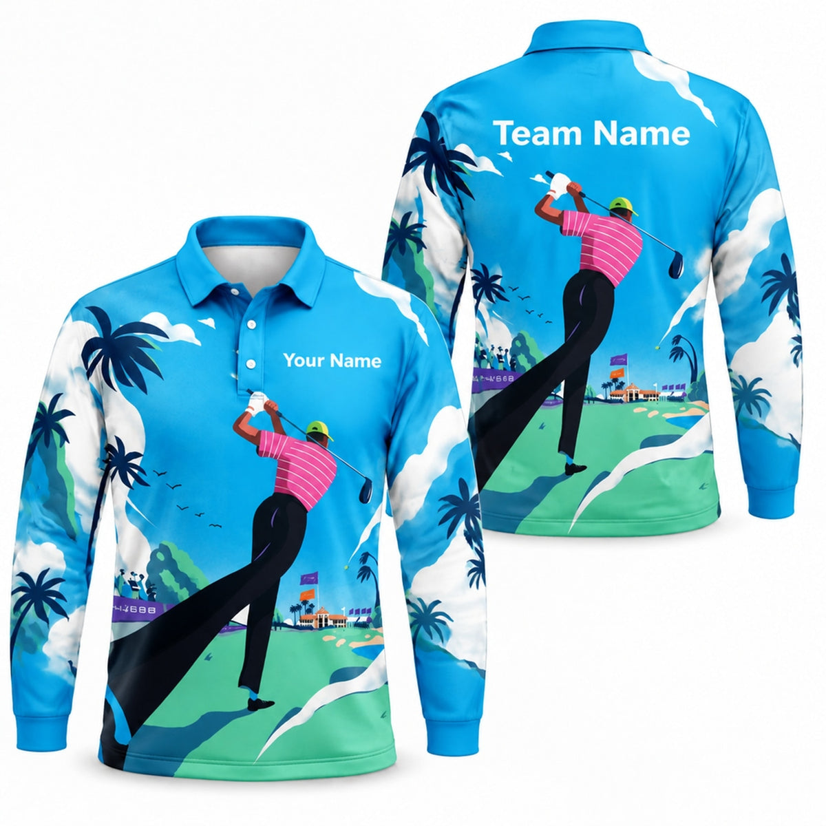 Golfer Swing Scenic Course Graphic Personalized Golf Polo Shirt Long Sleeve Polo