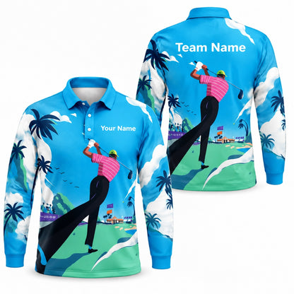Golfer Swing Scenic Course Graphic Personalized Golf Polo Shirt Long Sleeve Polo