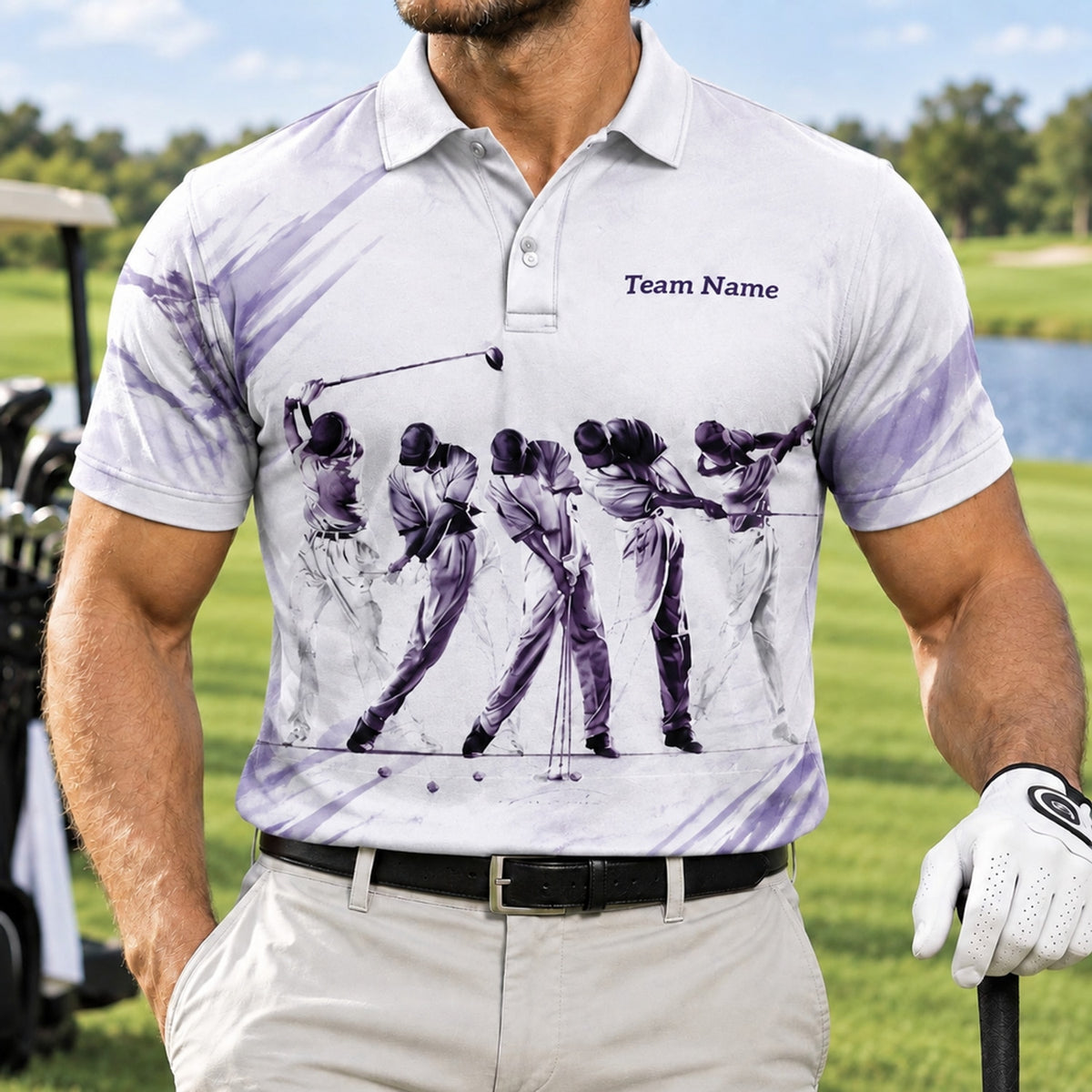 Golfer Swing Sequence Graphic Personalized Golf Polo Shirt Front View