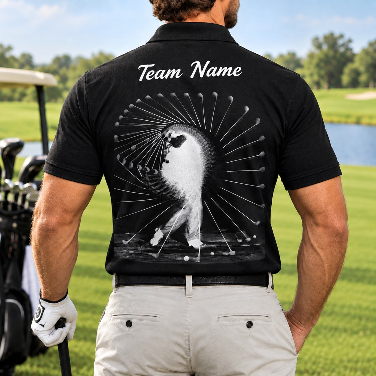 Golfer Swing Silhouette Sport Personalized Golf Polo Shirt Back View
