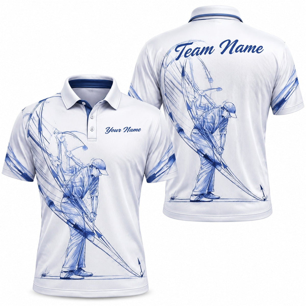 Golfer Swing Sketch Sport Personalized Golf Polo Shirt