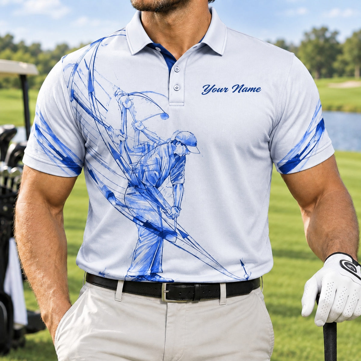 Golfer Swing Sketch Sport Personalized Golf Polo Shirt Front View