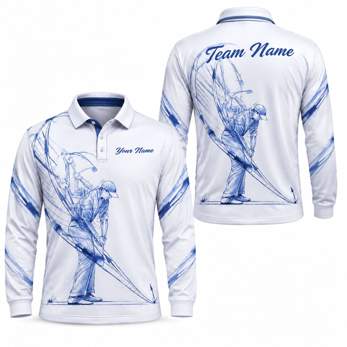Golfer Swing Sketch Sport Personalized Golf Polo Shirt Long Sleeve Polo