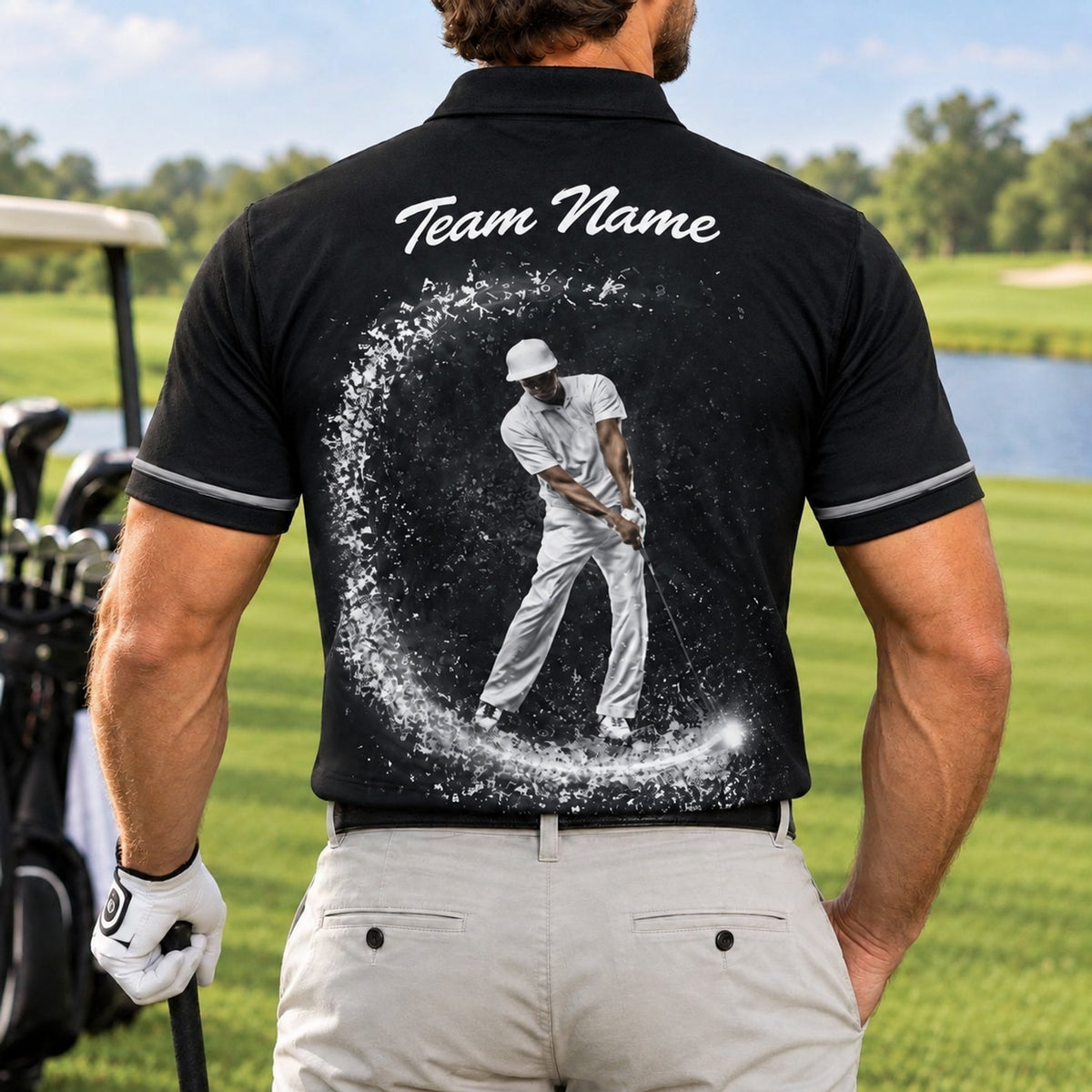 Golfer Swing Splash Graphic Personalized Golf Polo Shirt Back View