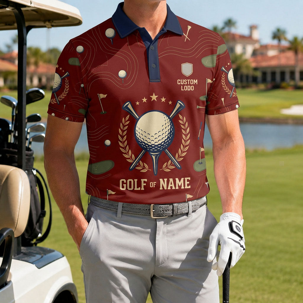 Golfer wearing a custom polo shirt standing on a golf course