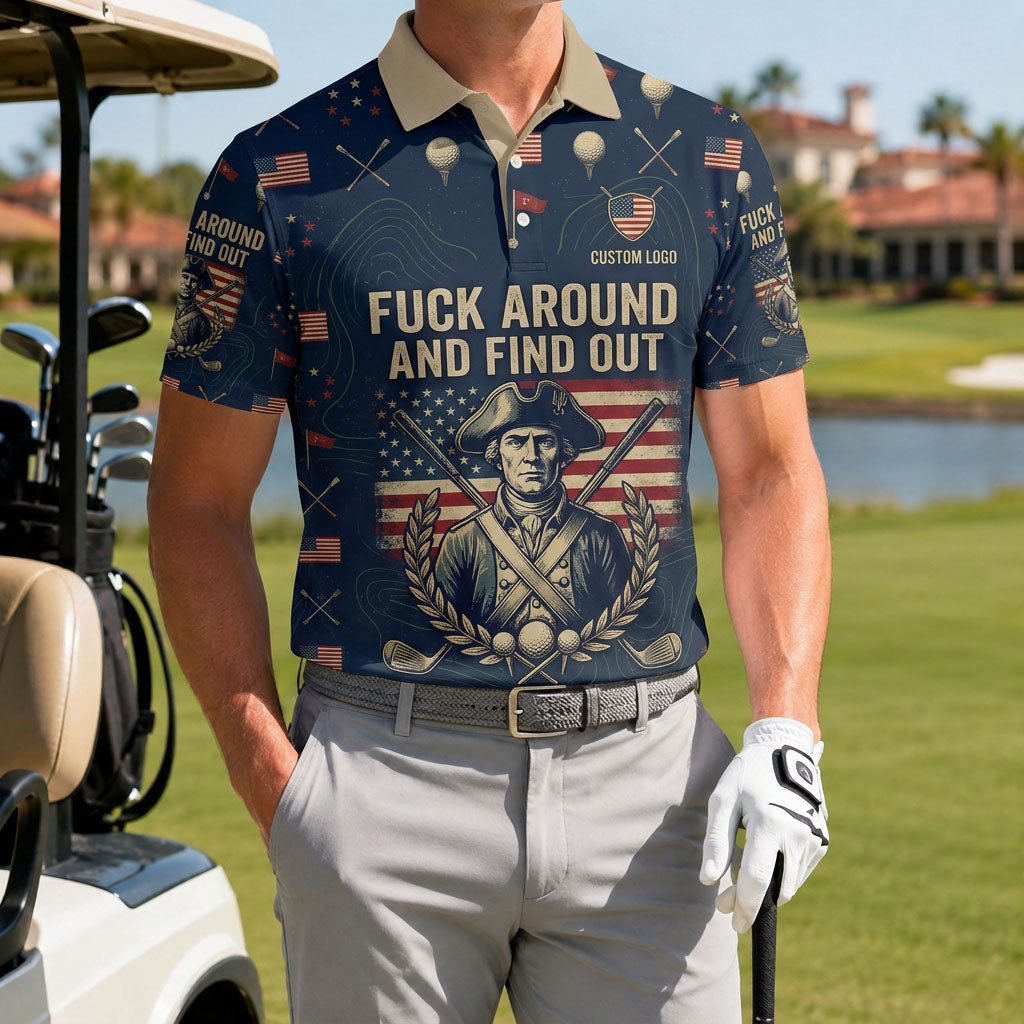Golfer wearing a bold military-inspired golf shirt on the course