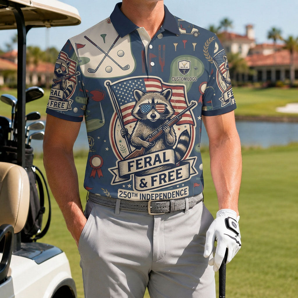 Golfer wearing the bold Feral & Free raccoon polo on the golf course