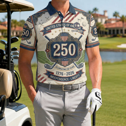 Golfer wearing the Independence & Liberty 250th Anniversary polo on the course