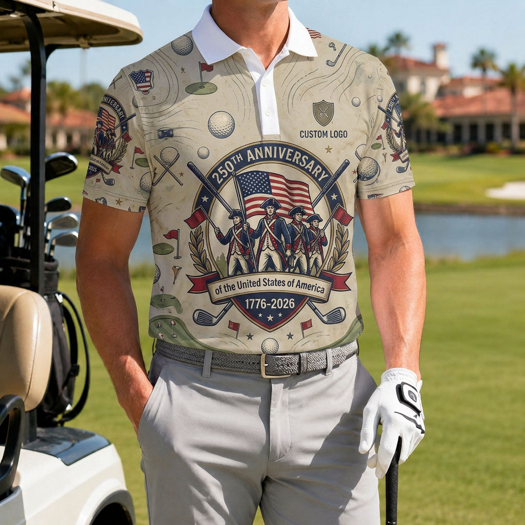 Golfer wearing the US 250th Anniversary commemorative golf polo