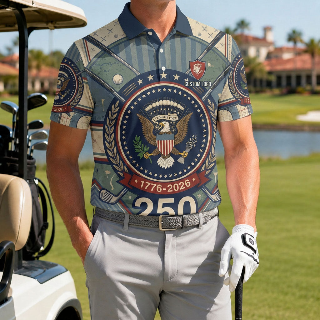 Golfer wearing 250th Anniversary USA theme golf shirt on the course