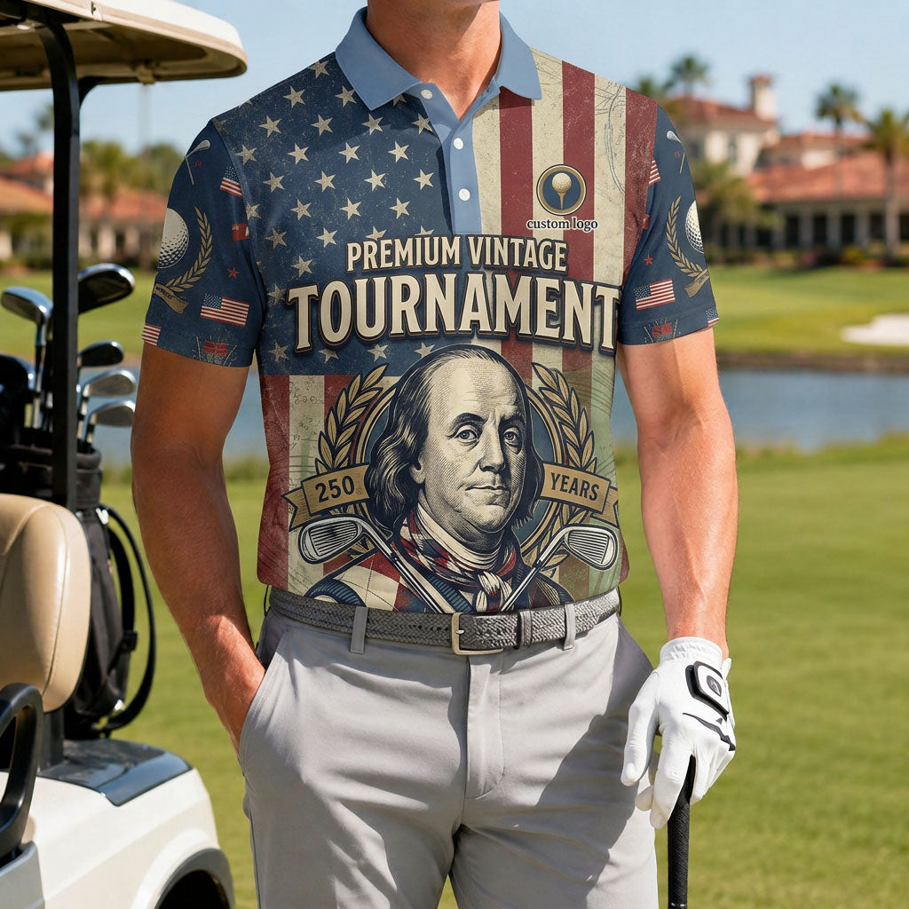 Golfer wearing Benjamin Franklin premium vintage polo on the green