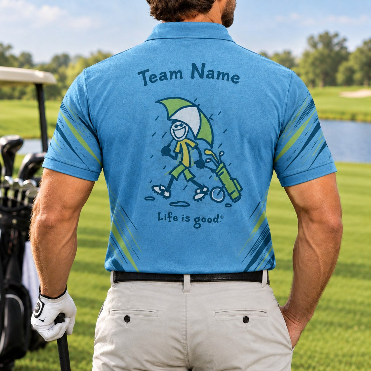 Golfer With Umbrella Graphic Custom Golf Polo Shirt Back View