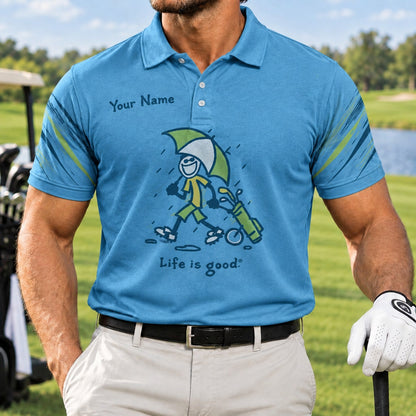 Golfer With Umbrella Graphic Custom Golf Polo Shirt Front View