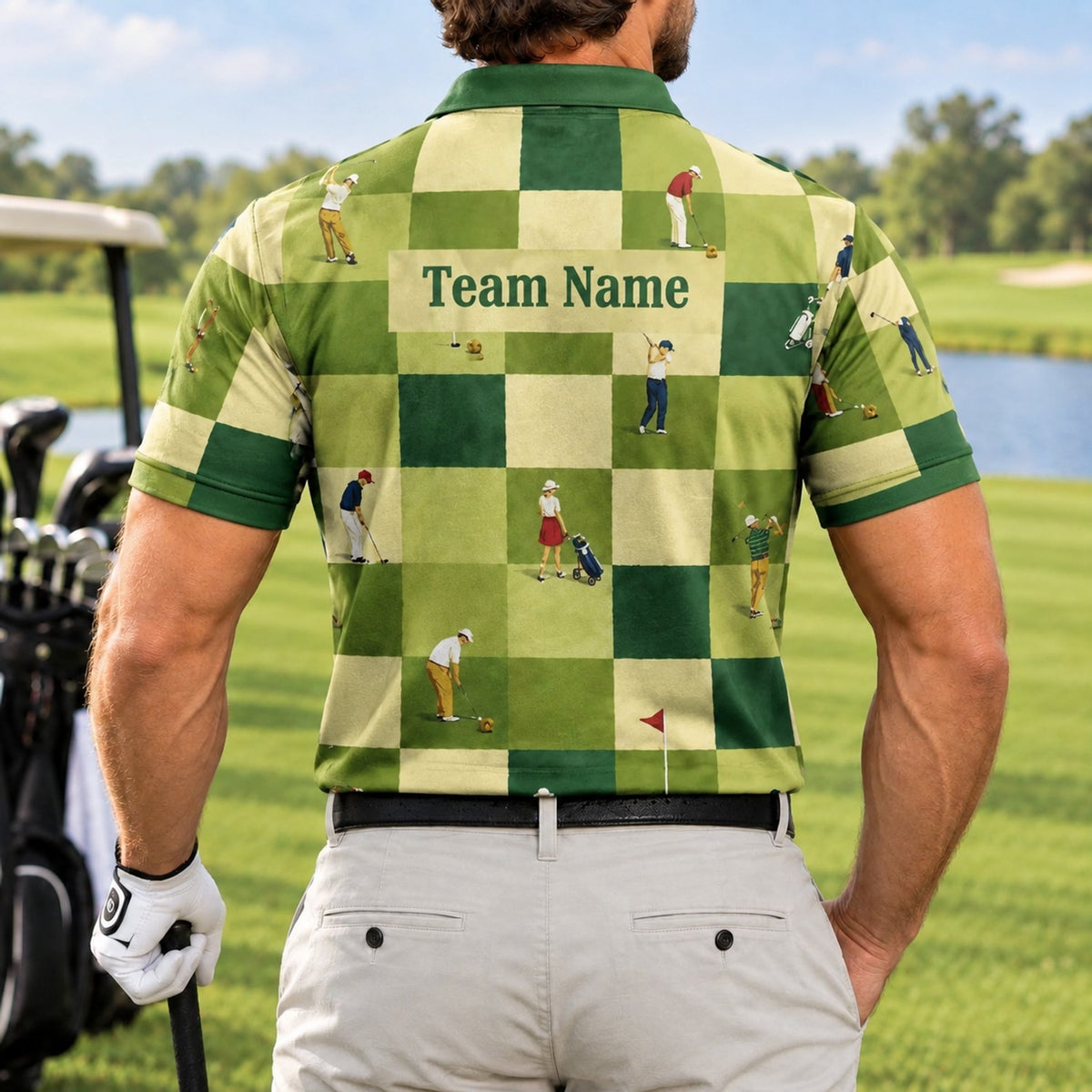 Golfers Pattern Checkered Personalized Golf Polo Shirt Back View