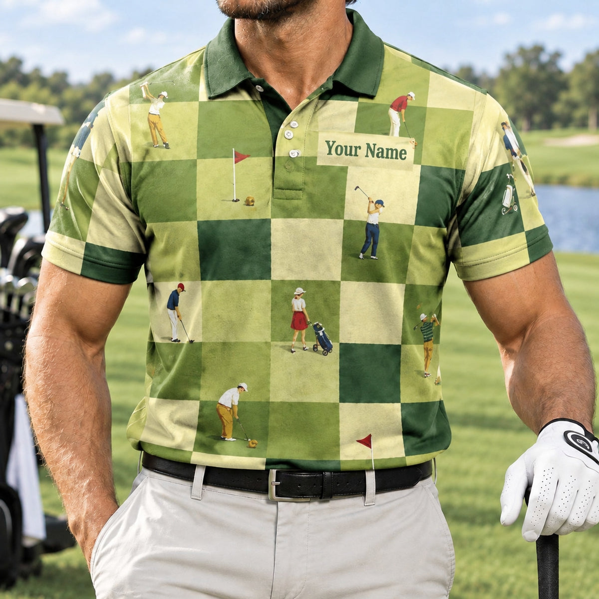 Golfers Pattern Checkered Personalized Golf Polo Shirt Front View