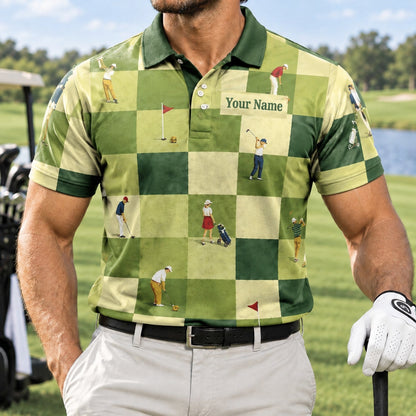 Golfers Pattern Checkered Personalized Golf Polo Shirt Front View