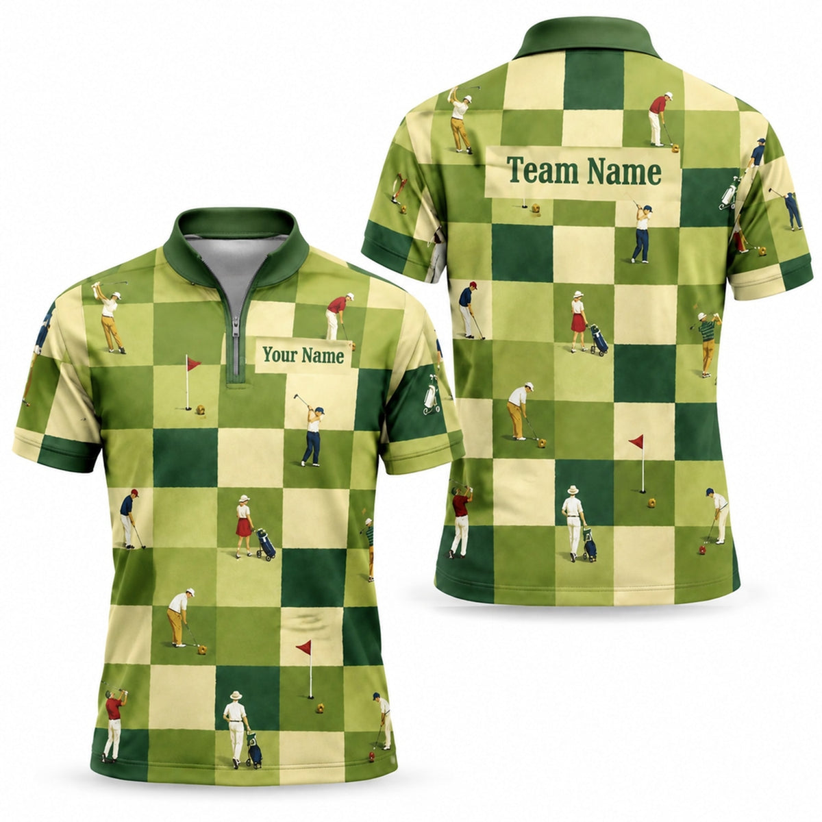 Golfers Pattern Checkered Personalized Golf Polo Shirt Jersey Zip 1 4 Collar
