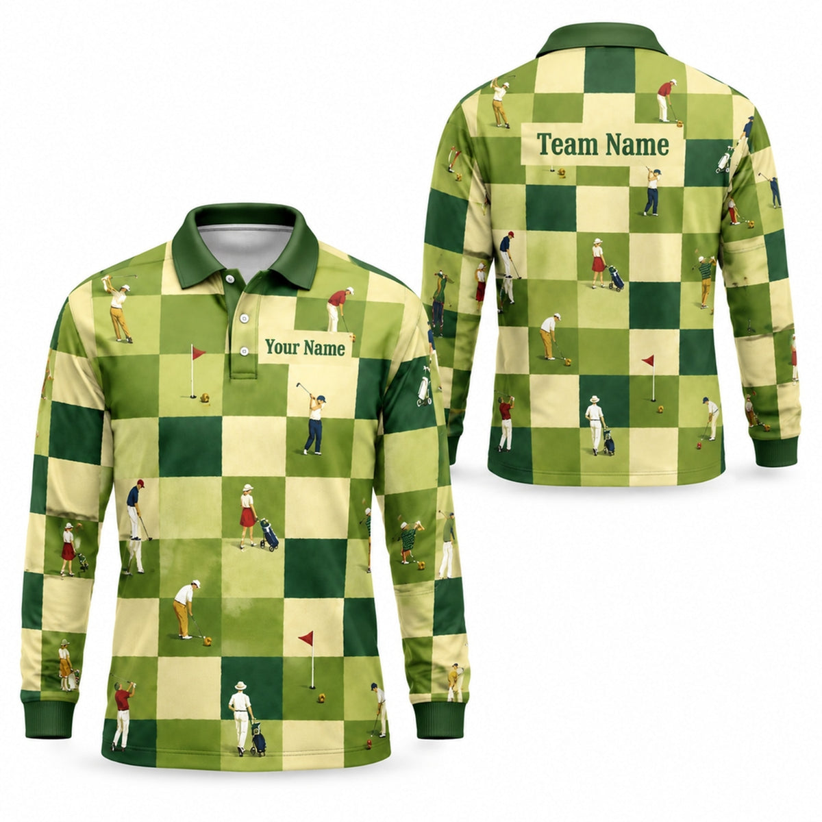 Golfers Pattern Checkered Personalized Golf Polo Shirt Long Sleeve Polo
