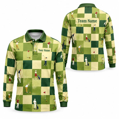 Golfers Pattern Checkered Personalized Golf Polo Shirt Long Sleeve Polo