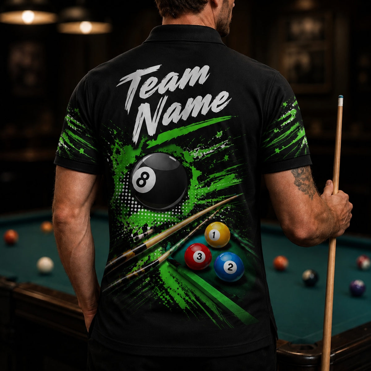 Green Splash 8 Ball Sport Personalized Billiard Polo Shirt Back View