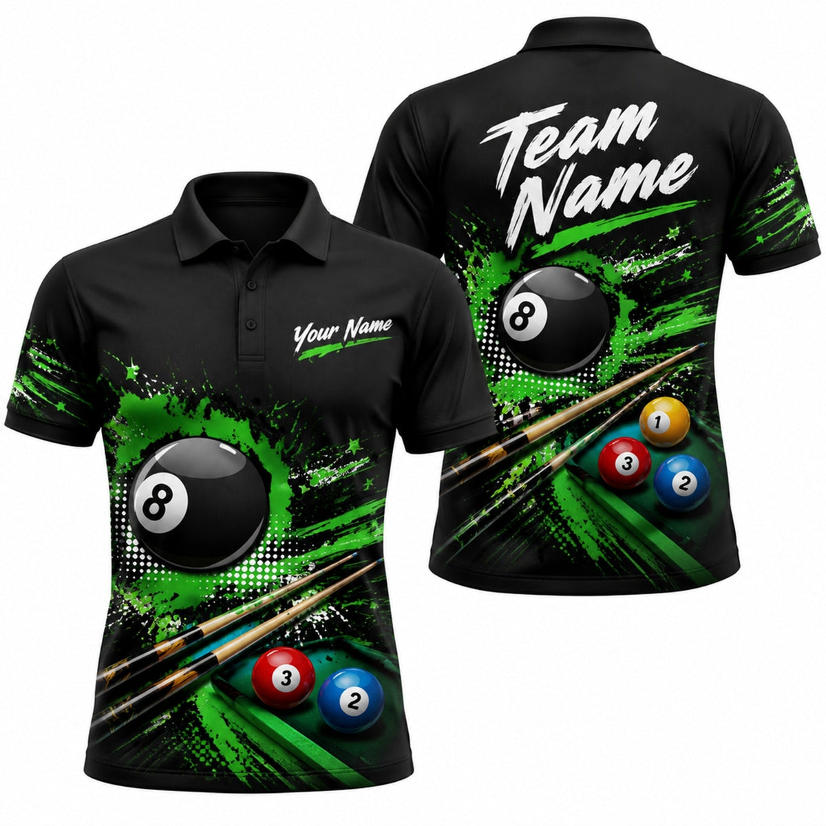 Green Splash 8 Ball Sport Personalized Billiard Polo Shirt
