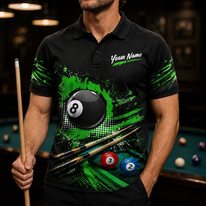 Green Splash 8 Ball Sport Personalized Billiard Polo Shirt Front View