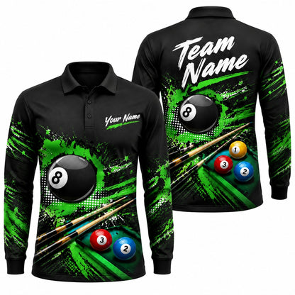 Green Splash 8 Ball Sport Personalized Billiard Polo Shirt Long Sleeve Polo