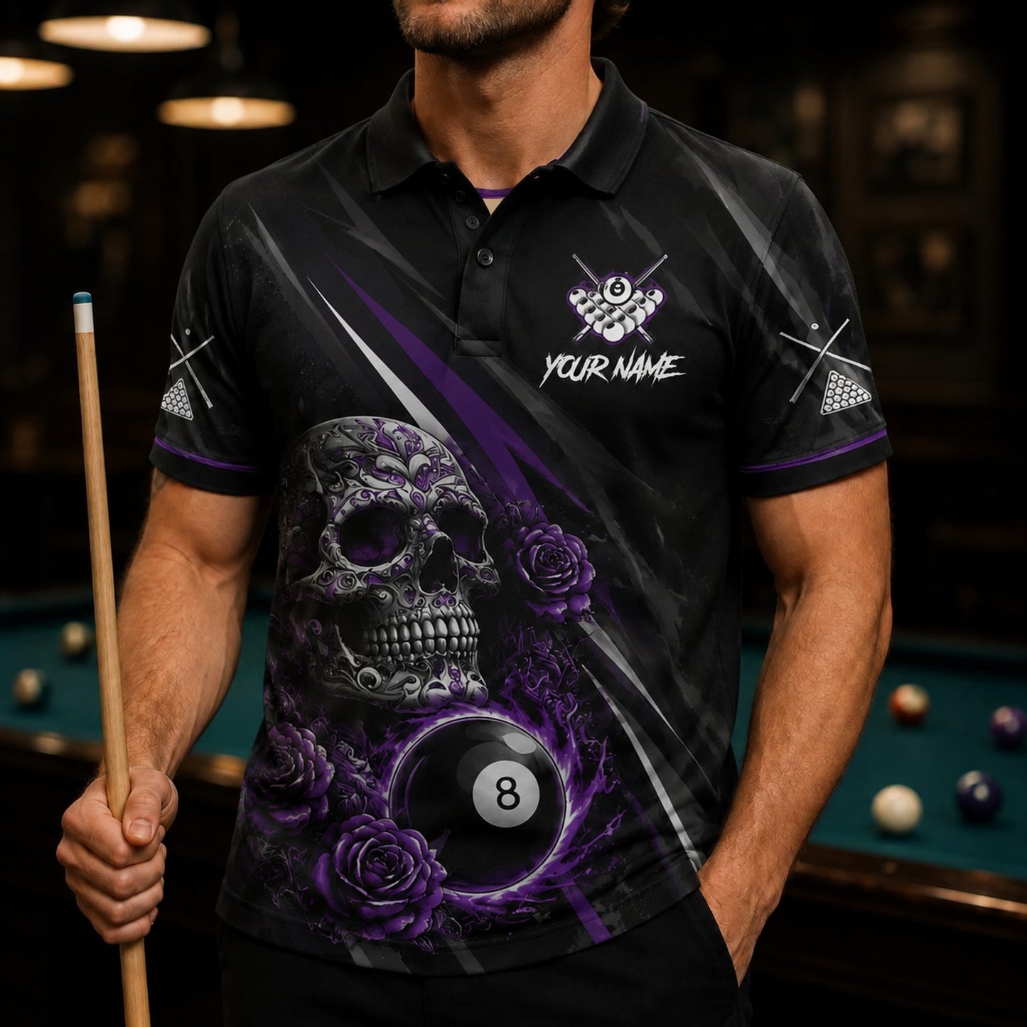 Grim Reaper 8 Ball Sport Personalized Billiard Polo Shirt Front View