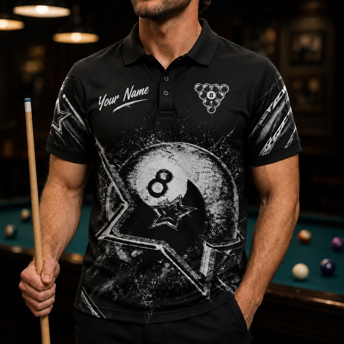 Grunge 8 Ball Sport Custom Billiard Polo Shirt Front View