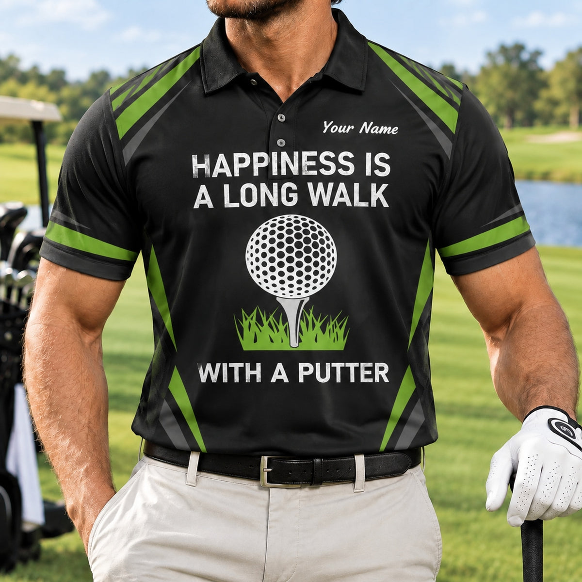 Happiness Is A Long Walk With A Putter Sport Personalized Golf Polo Shirt Front View