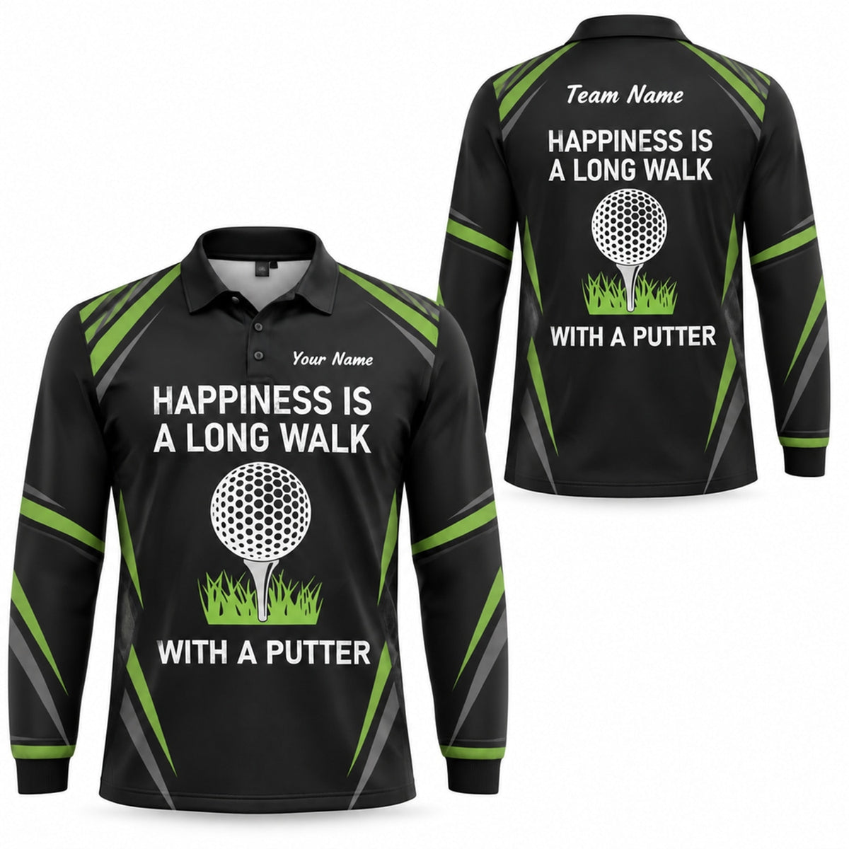 Happiness Is A Long Walk With A Putter Sport Personalized Golf Polo Shirt Long Sleeve Polo