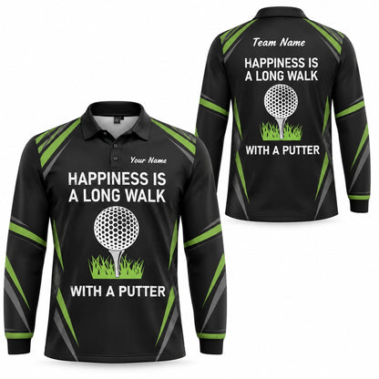 Happiness Is A Long Walk With A Putter Sport Personalized Golf Polo Shirt Long Sleeve Polo