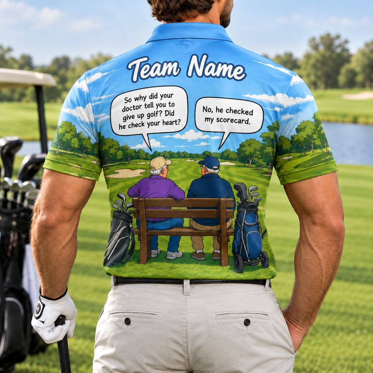 He Checked My Scorecard Golf Humor Personalized Golf Polo Shirt Back View