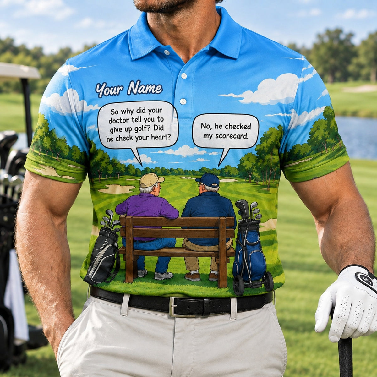 He Checked My Scorecard Golf Humor Personalized Golf Polo Shirt Front View