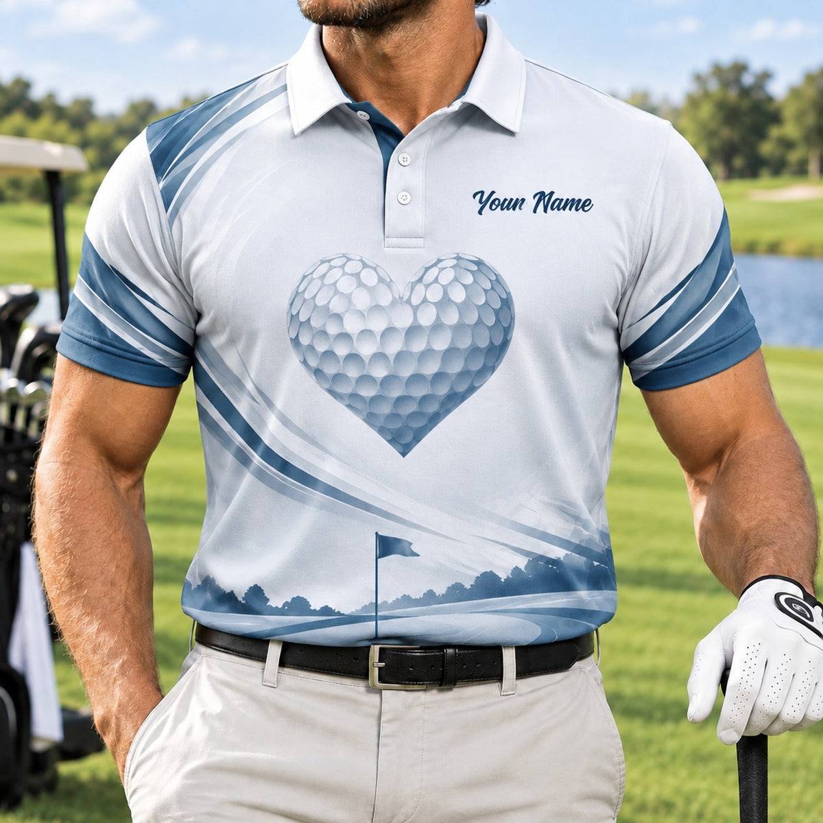 Heart Golf Ball Course Sport Personalized Golf Polo Shirt Front View
