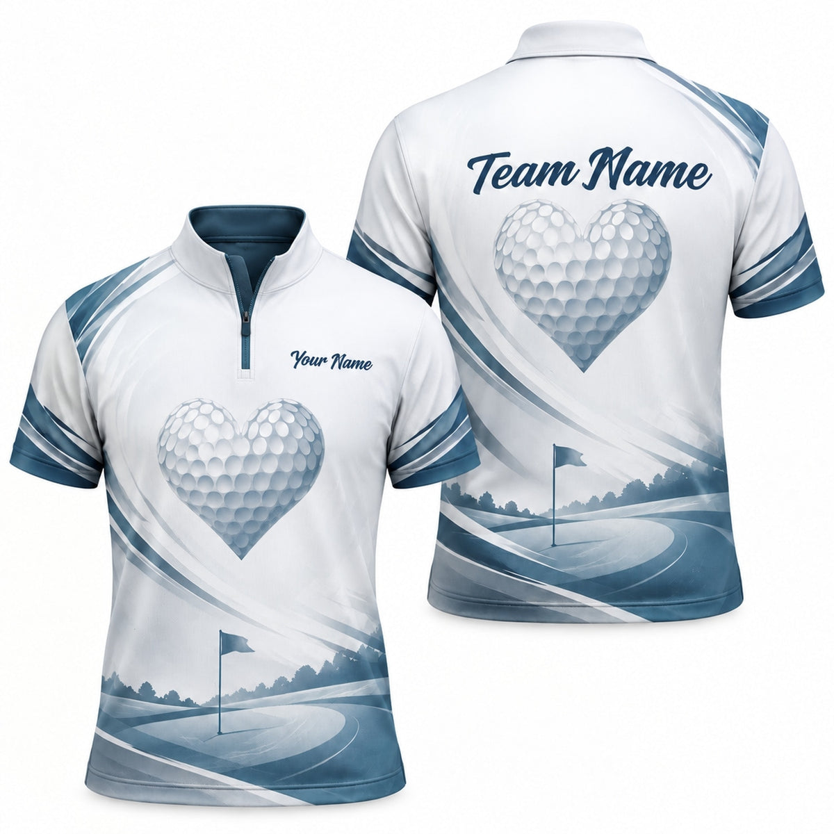 Heart Golf Ball Course Sport Personalized Golf Polo Shirt Jersey Zip 1 4 Collar