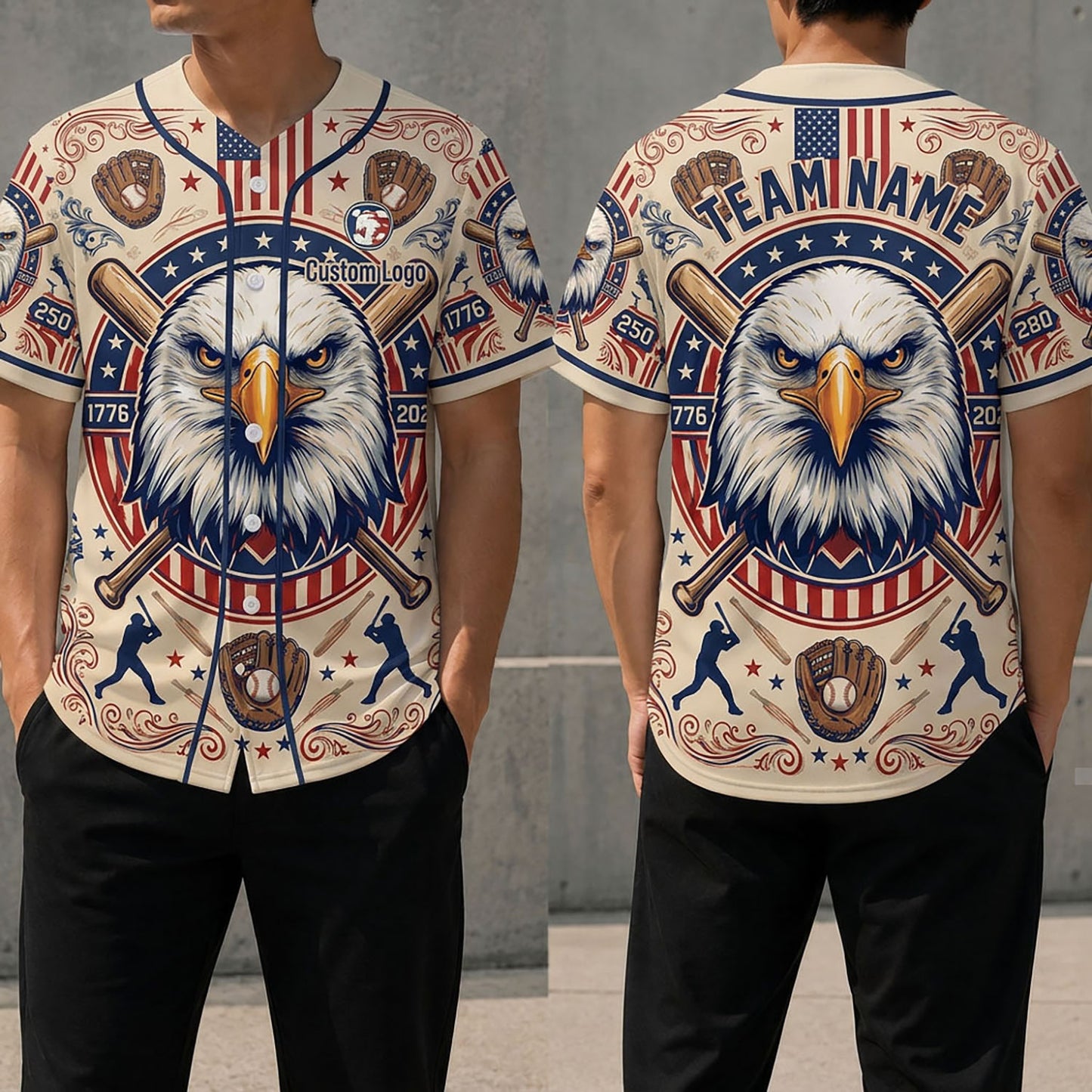 Front and back view of a heritage eagle baseball jersey featuring a vintage bald eagle, baseball gloves, and crossed bat graphics