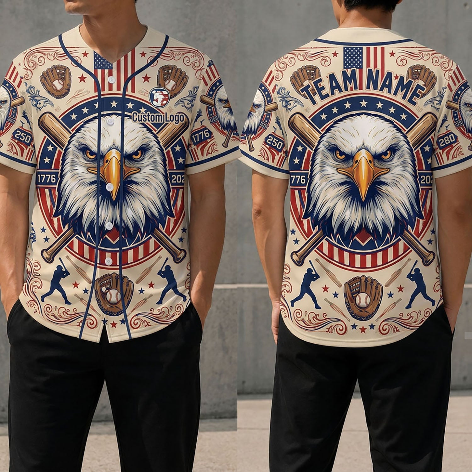 Front and back view of a heritage eagle baseball jersey featuring a vintage bald eagle, baseball gloves, and crossed bat graphics